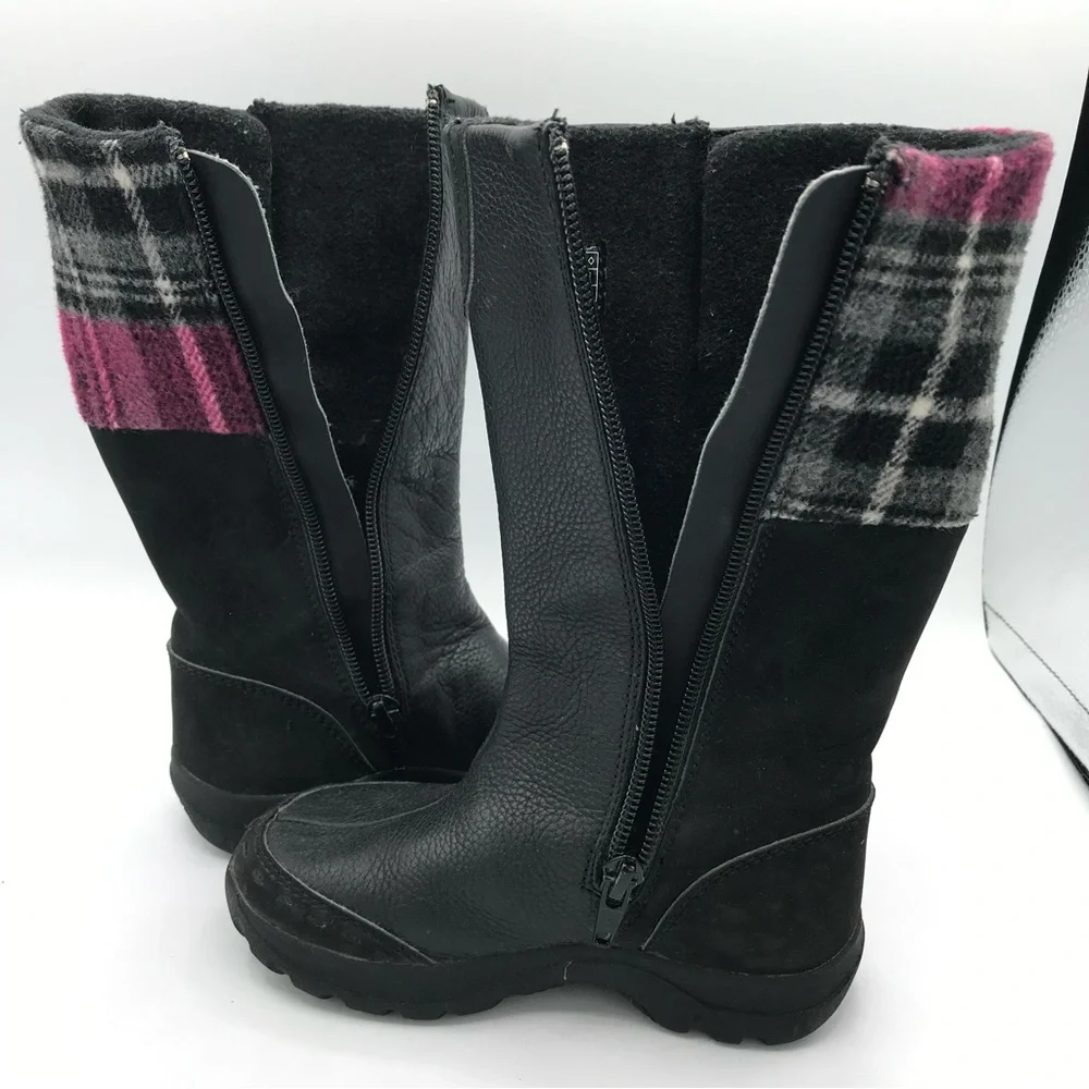 Keen Darby Boots Girls Black Pink‎ Plaid Knee High Boots Sz 10 Leather Full Zip